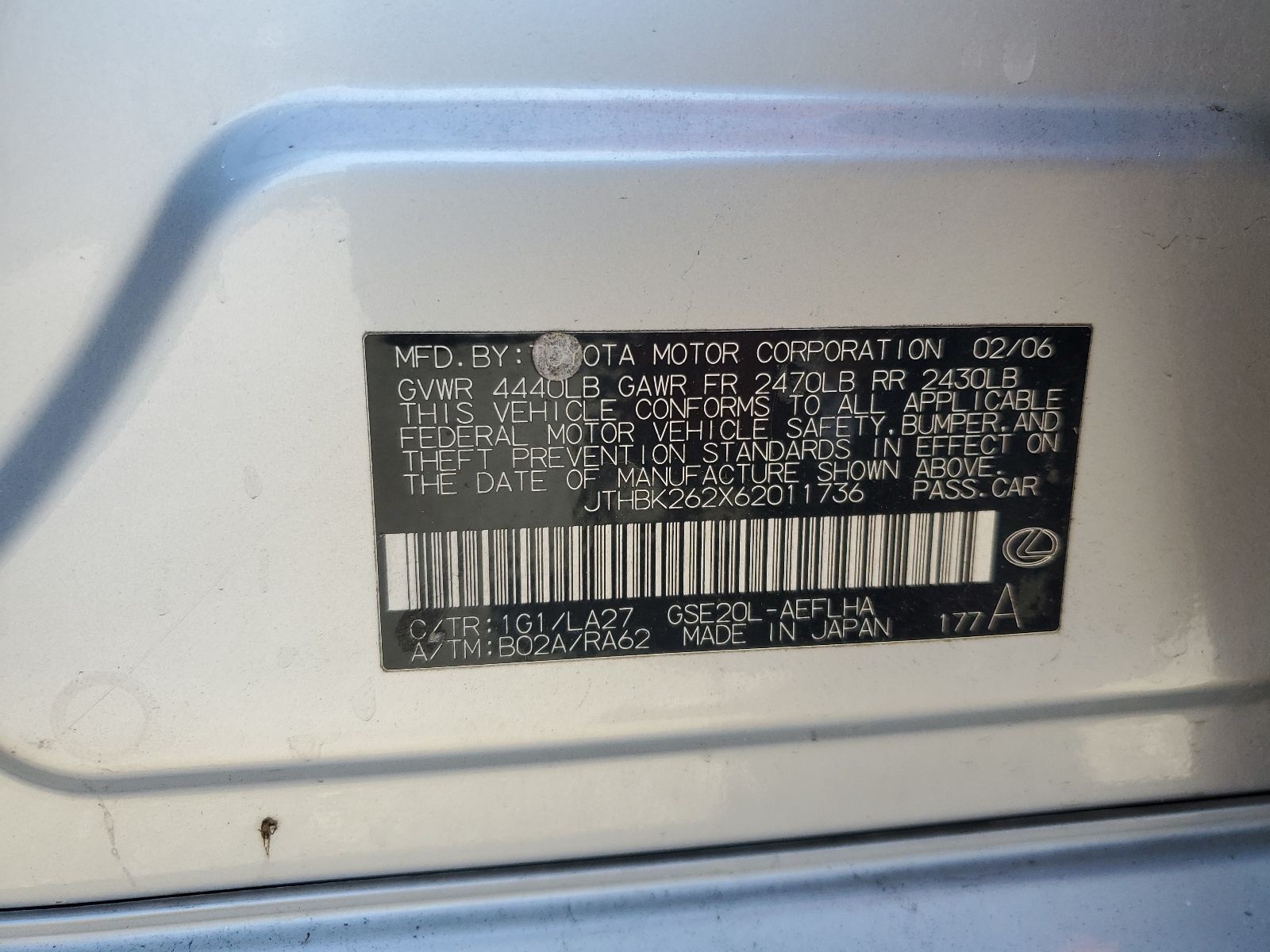 JTHBK262X62011736 2006 Lexus Is 250