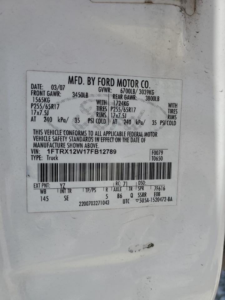 2007 Ford F150 VIN: 1FTRX12W17FB12789 Lot: 63851614