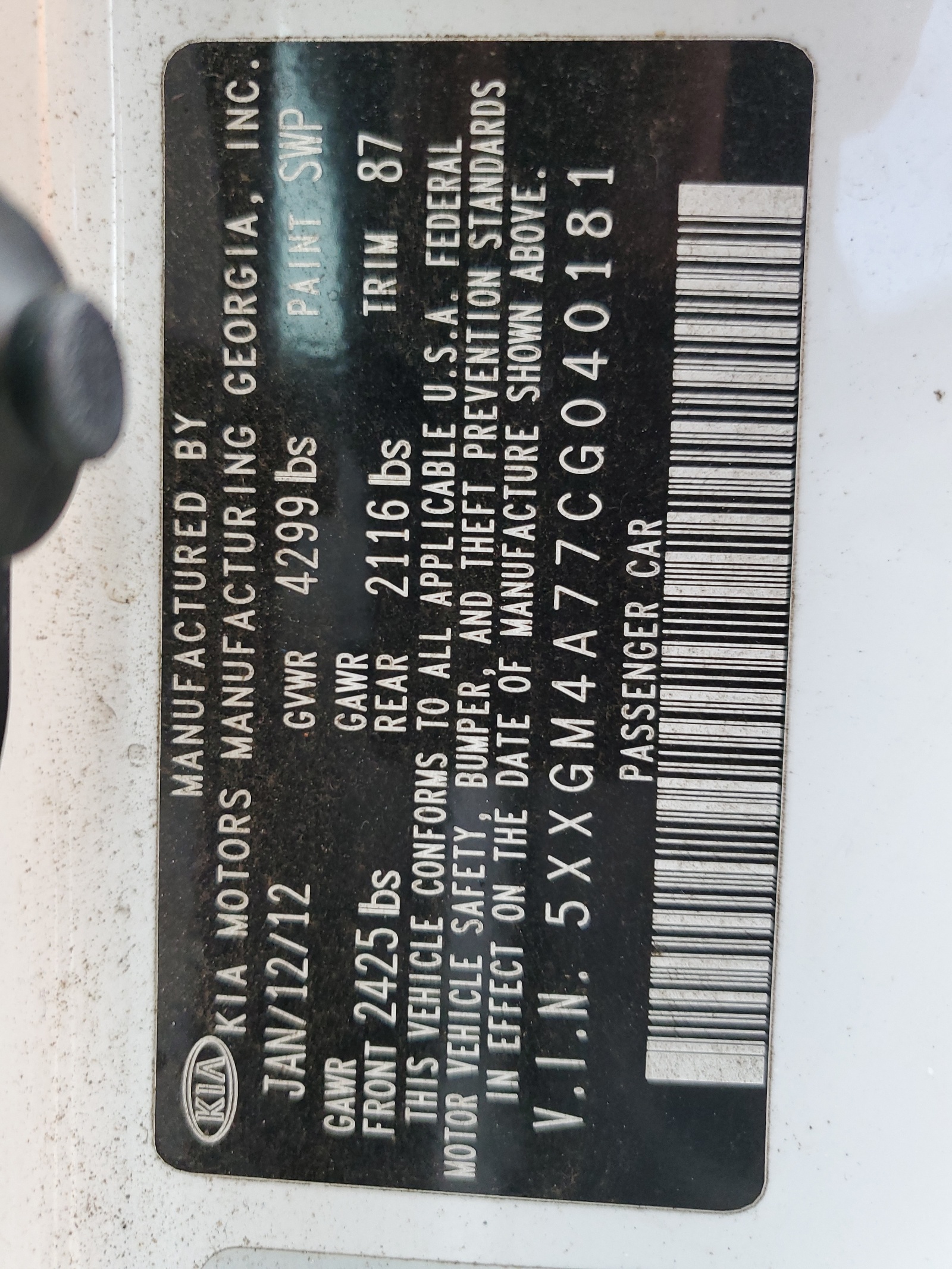 5XXGM4A77CG040181 2012 Kia Optima Lx