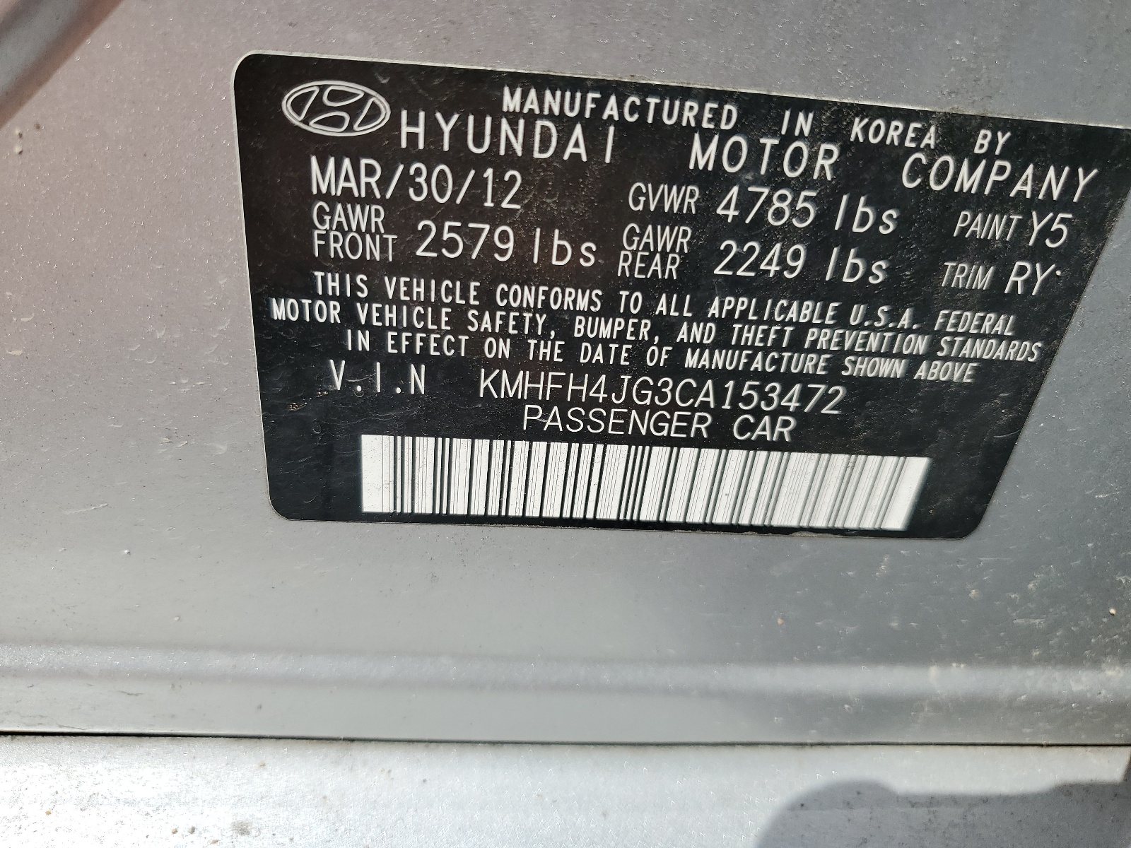 KMHFH4JG3CA153472 2012 Hyundai Azera Gls