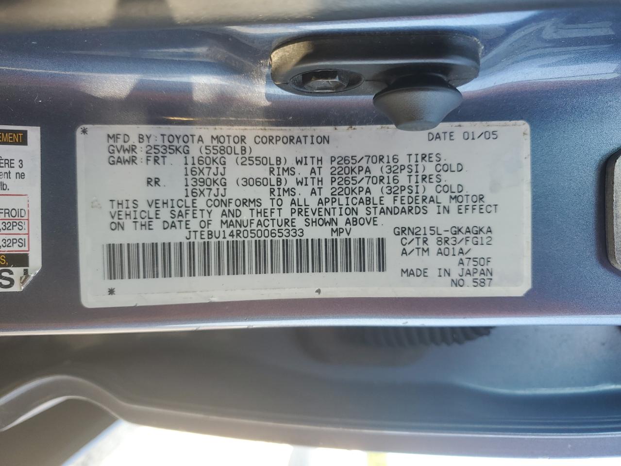 JTEBU14R050065333 2005 Toyota 4Runner Sr5