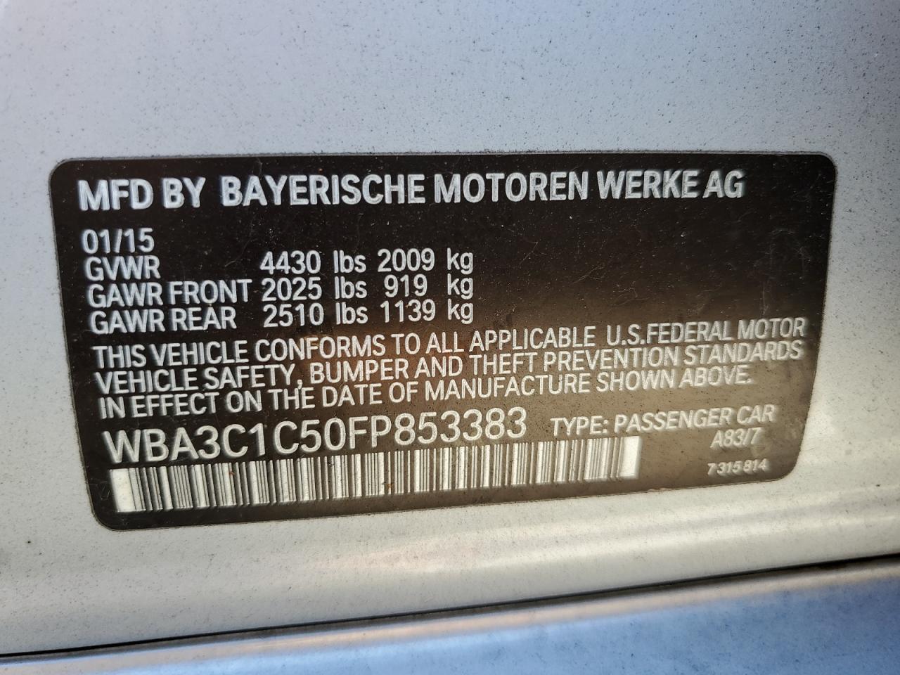2015 BMW 328 I Sulev VIN: WBA3C1C50FP853383 Lot: 62958304
