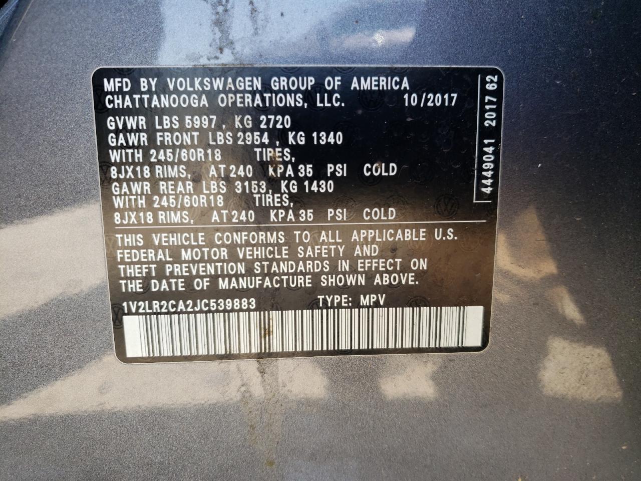 2018 Volkswagen Atlas Se VIN: 1V2LR2CA2JC539883 Lot: 62066364