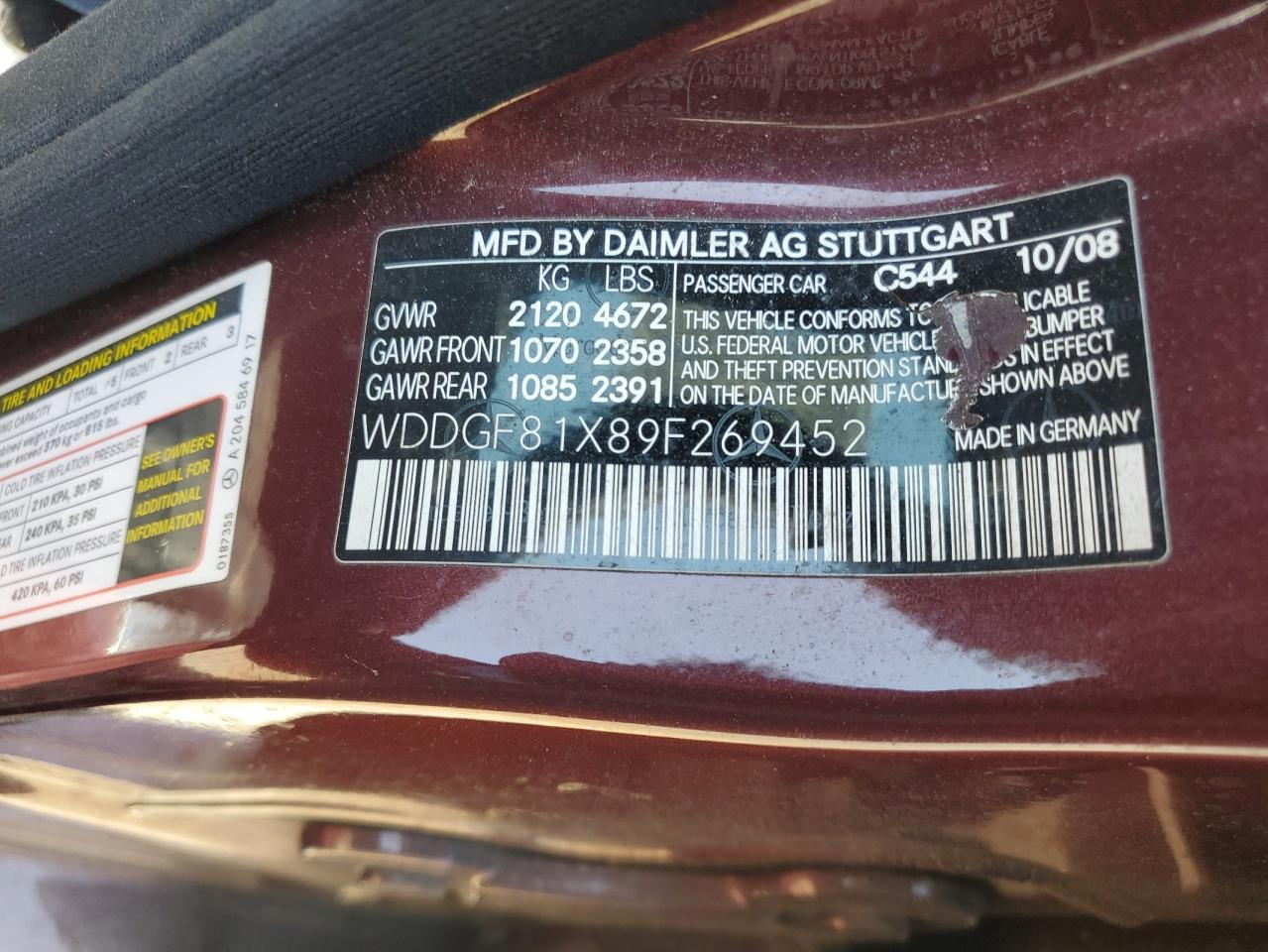 2009 Mercedes-Benz C 300 4Matic VIN: WDDGF81X89F269452 Lot: 61784574