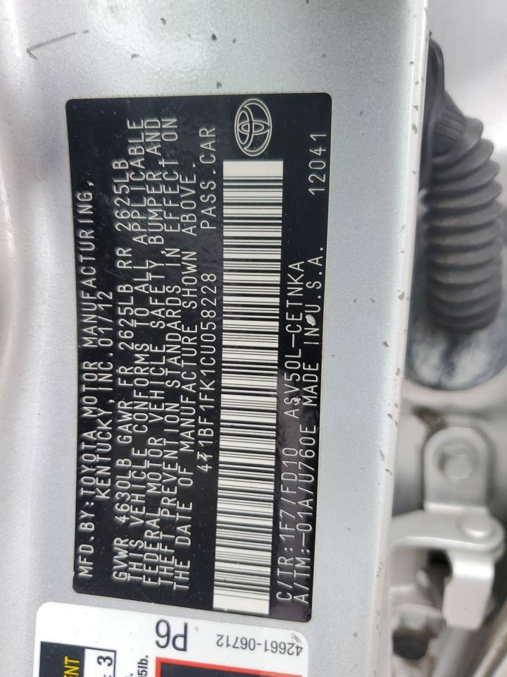 2012 Toyota Camry Base VIN: 4T1BF1FK1CU058228 Lot: 64504854