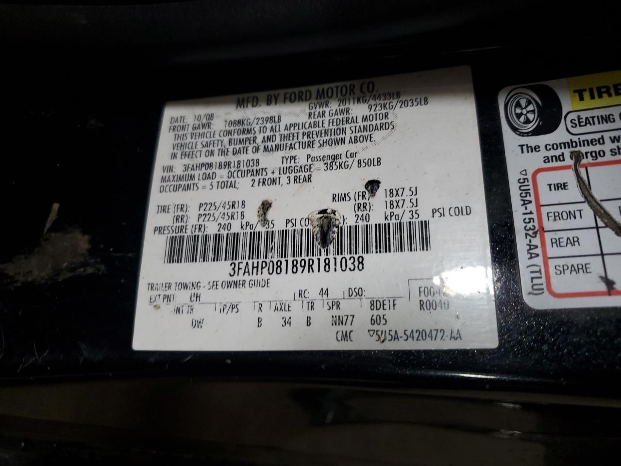 2009 Ford Fusion Sel VIN: 3FAHP08189R181038 Lot: 62128954