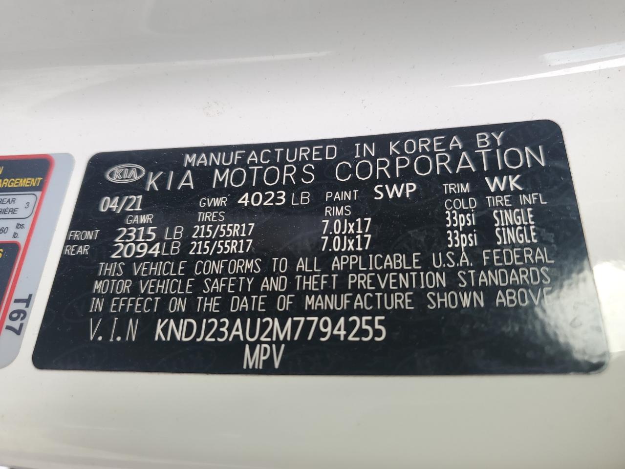 2021 Kia Soul Lx VIN: KNDJ23AU2M7794255 Lot: 63321084