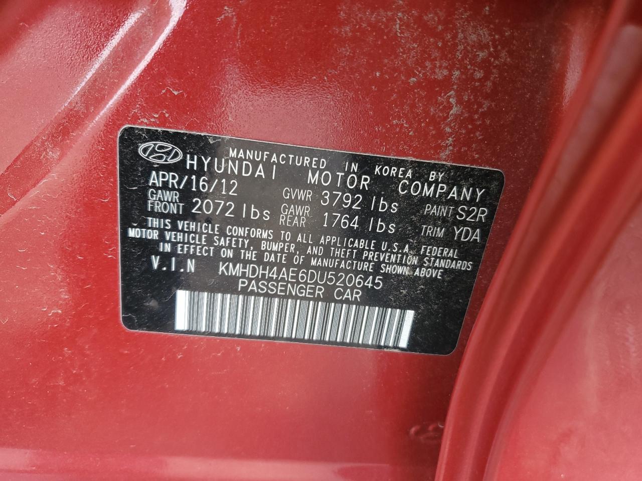 2013 Hyundai Elantra Gls VIN: KMHDH4AE6DU520645 Lot: 63782344