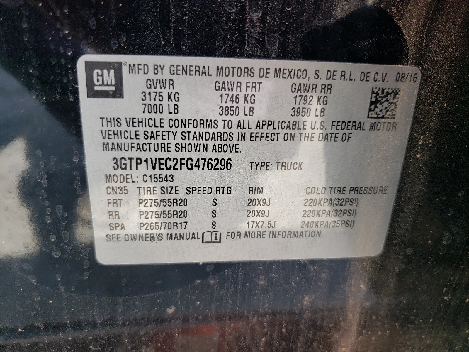 3GTP1VEC2FG476296 2015 GMC Sierra C1500 Slt