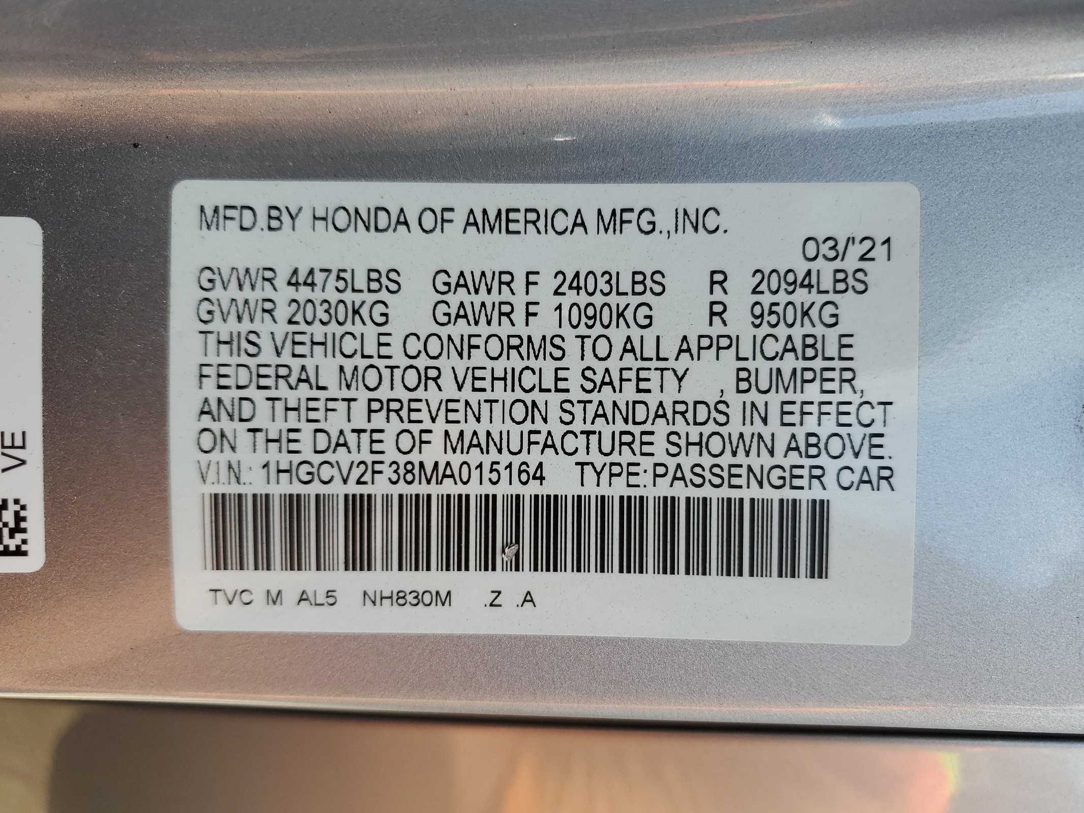 1HGCV2F38MA015164 2021 Honda Accord Sport