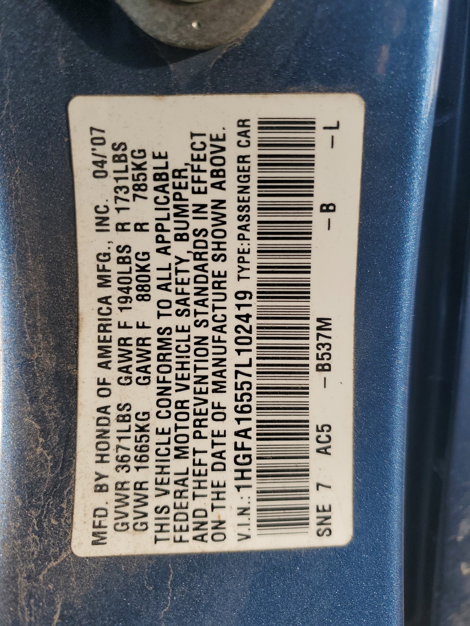 1HGFA16557L102419 2007 Honda Civic Lx