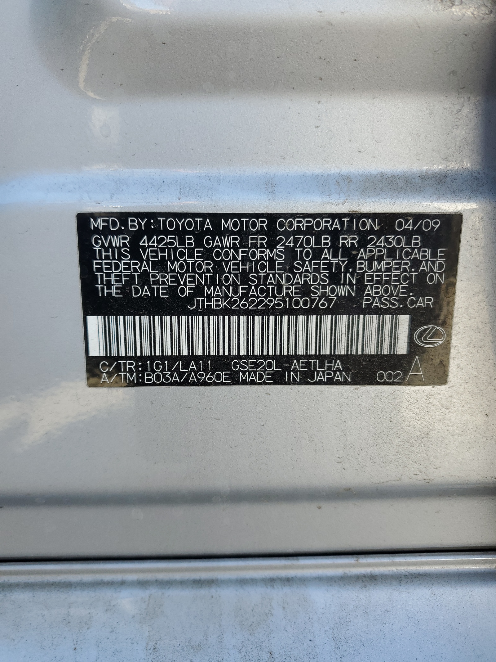 JTHBK262295100767 2009 Lexus Is 250