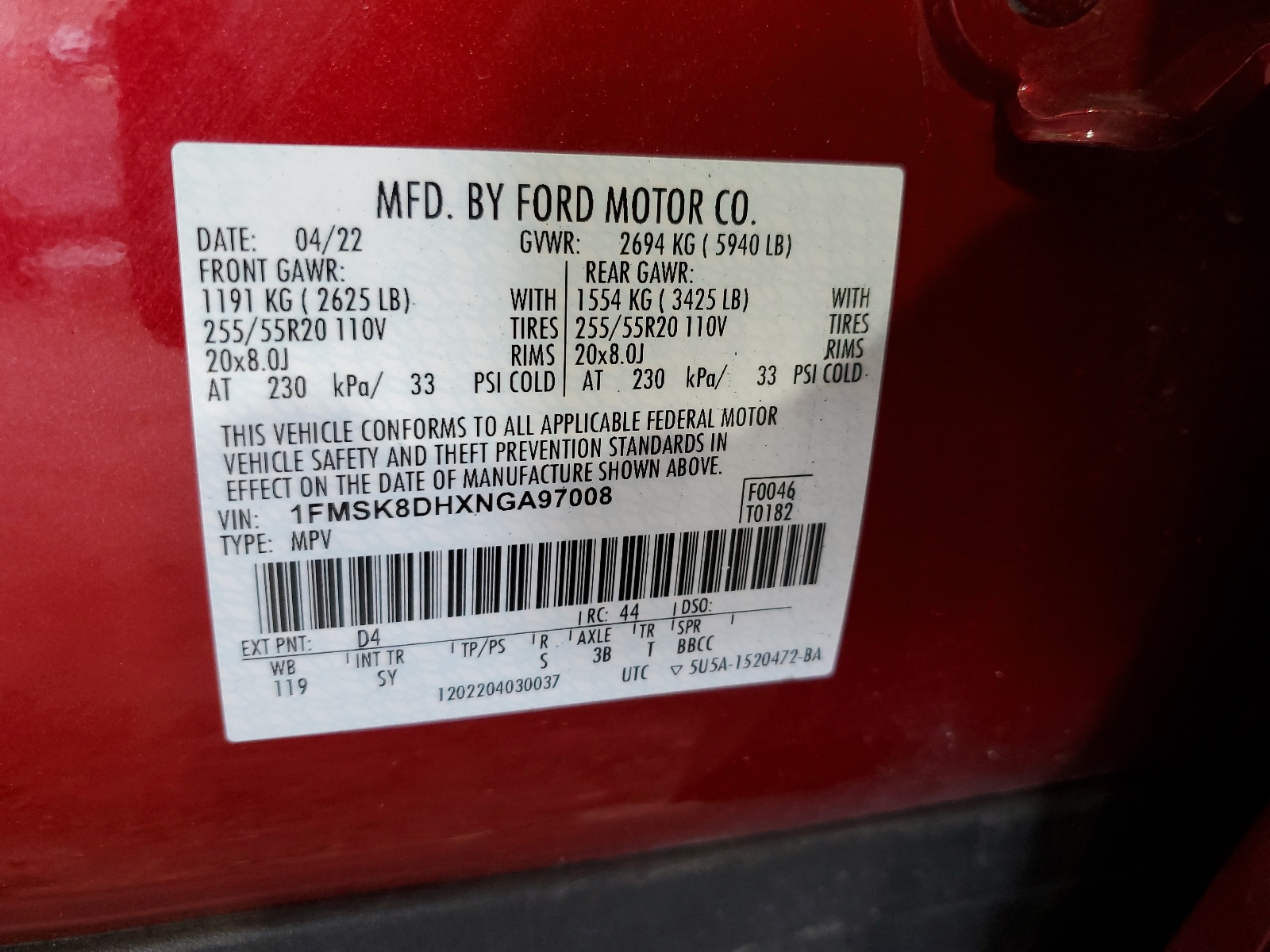 1FMSK8DHXNGA97008 2022 Ford Explorer Xlt