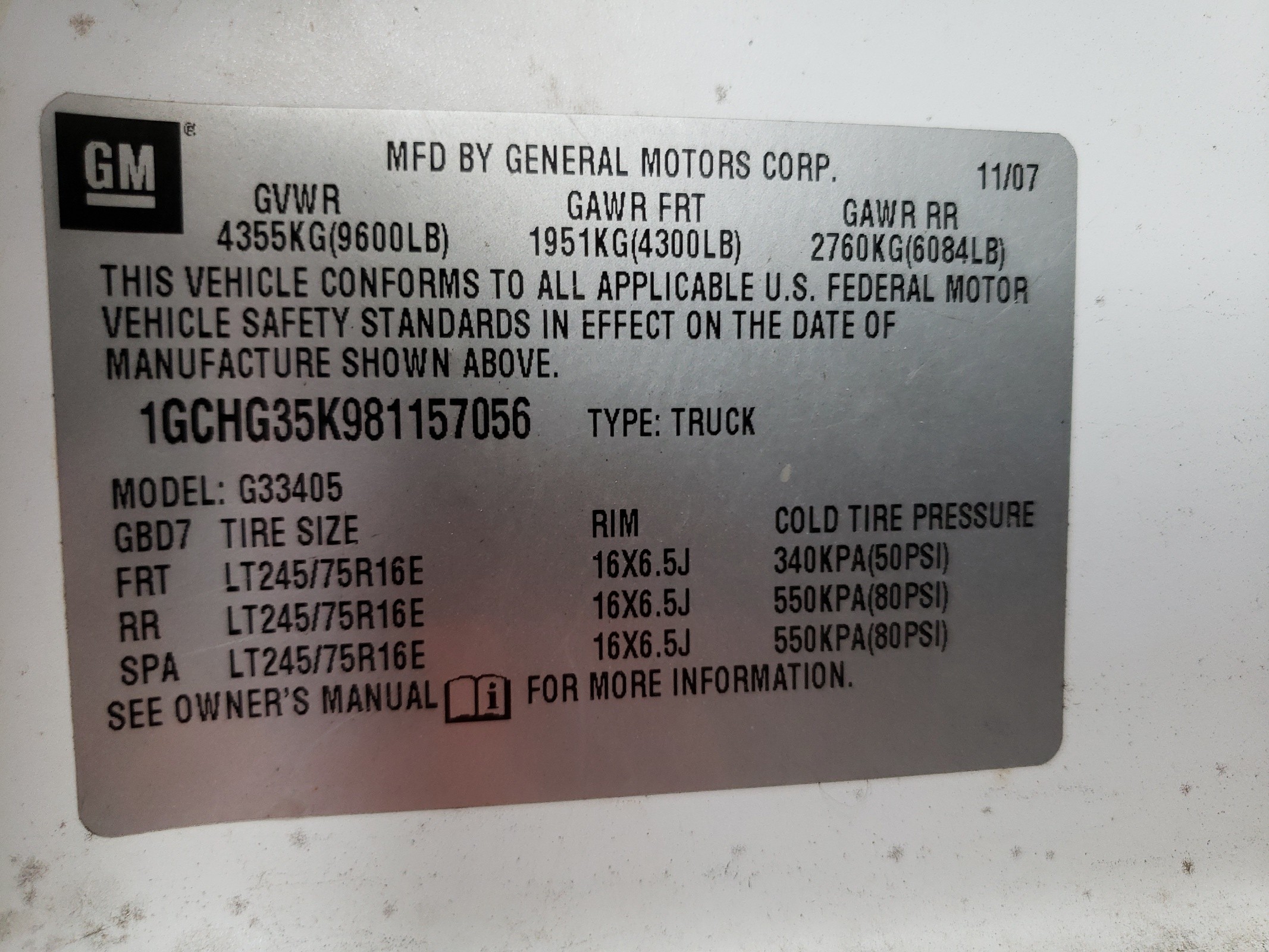 1GCHG35K981157056 2008 Chevrolet Express G3500