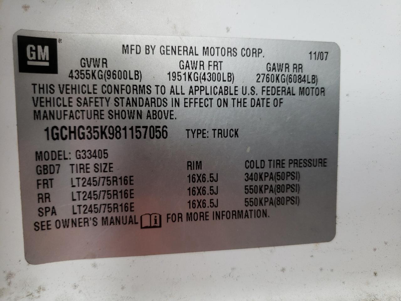 2008 Chevrolet Express G3500 VIN: 1GCHG35K981157056 Lot: 64573364