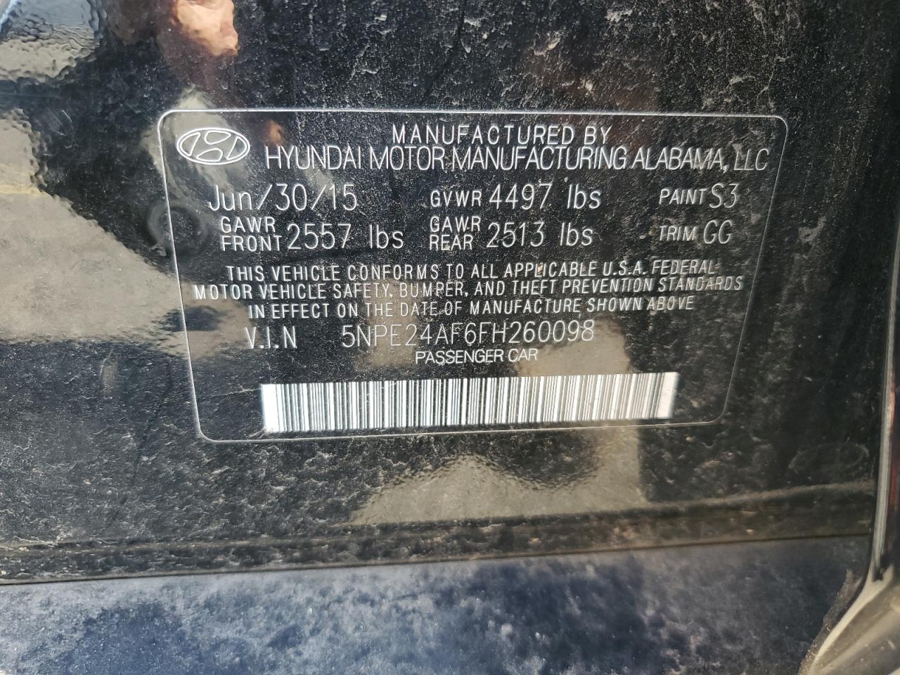 2015 Hyundai Sonata Se VIN: 5NPE24AF6FH260098 Lot: 61540194