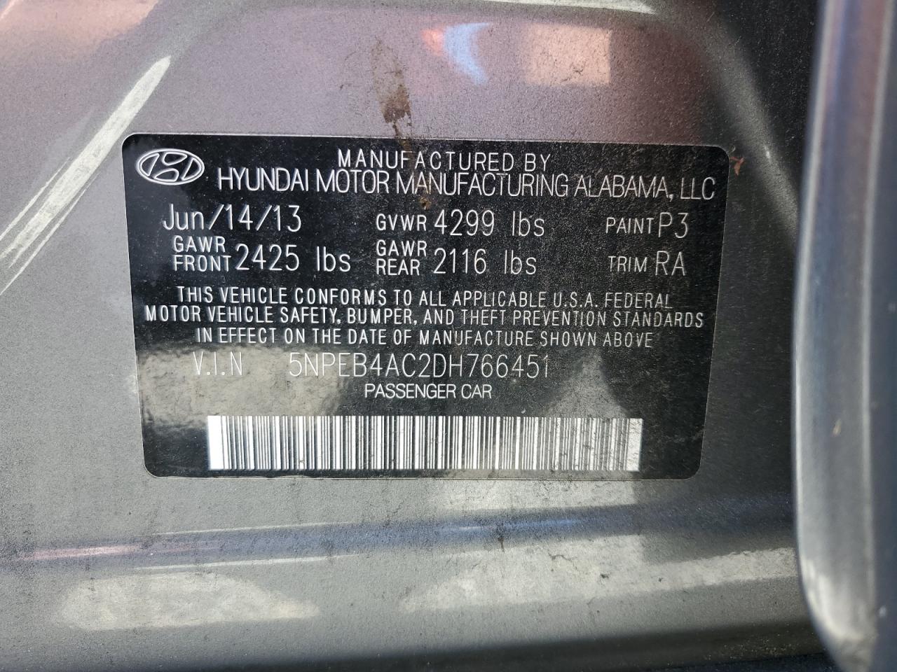 5NPEB4AC2DH766451 2013 Hyundai Sonata Gls