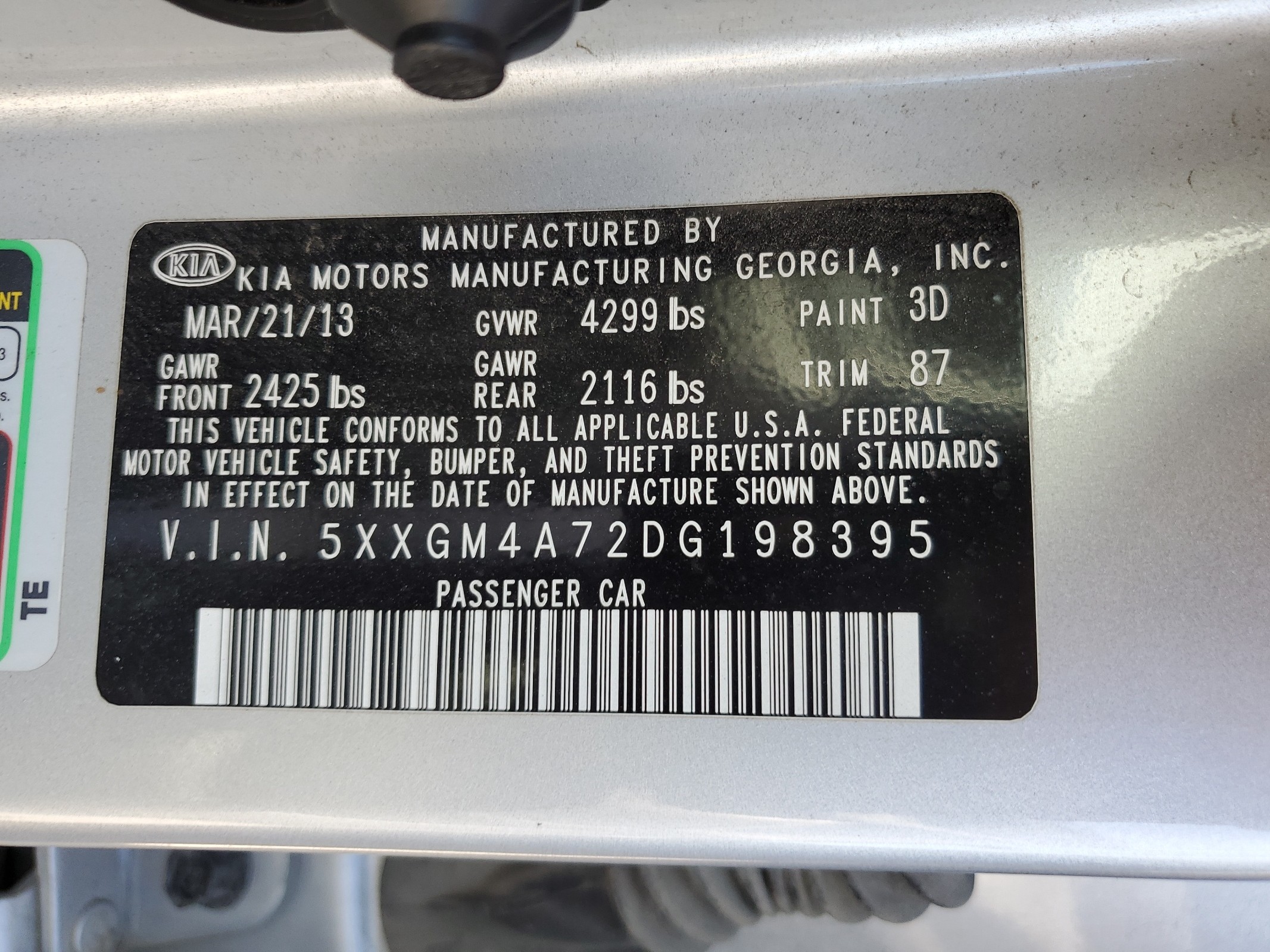 5XXGM4A72DG198395 2013 Kia Optima Lx