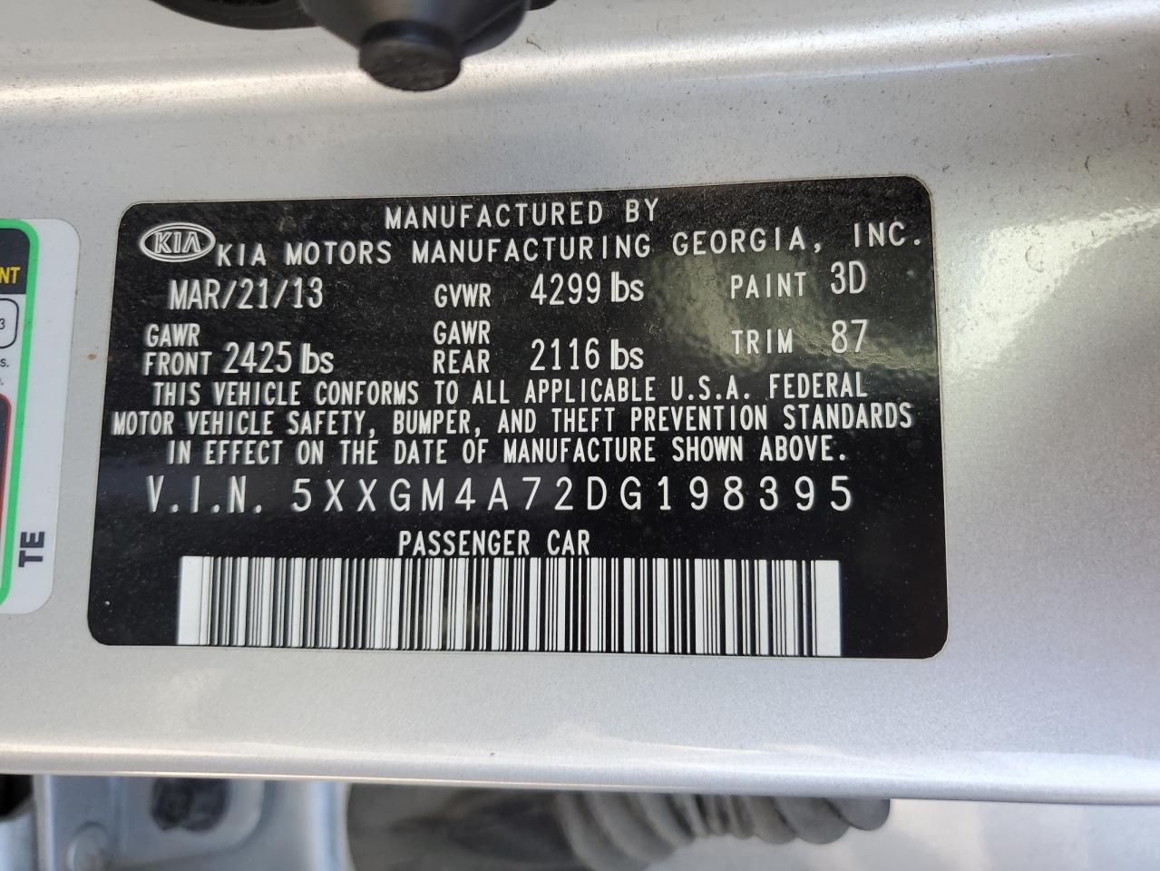 2013 Kia Optima Lx VIN: 5XXGM4A72DG198395 Lot: 61086794