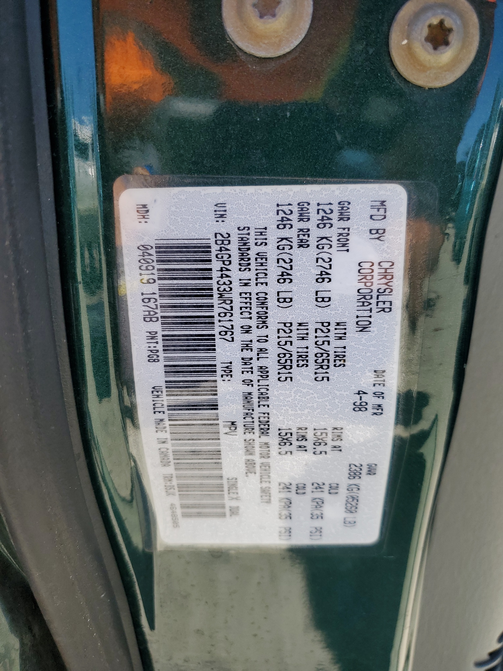 2B4GP4433WR761767 1998 Dodge Grand Caravan Se