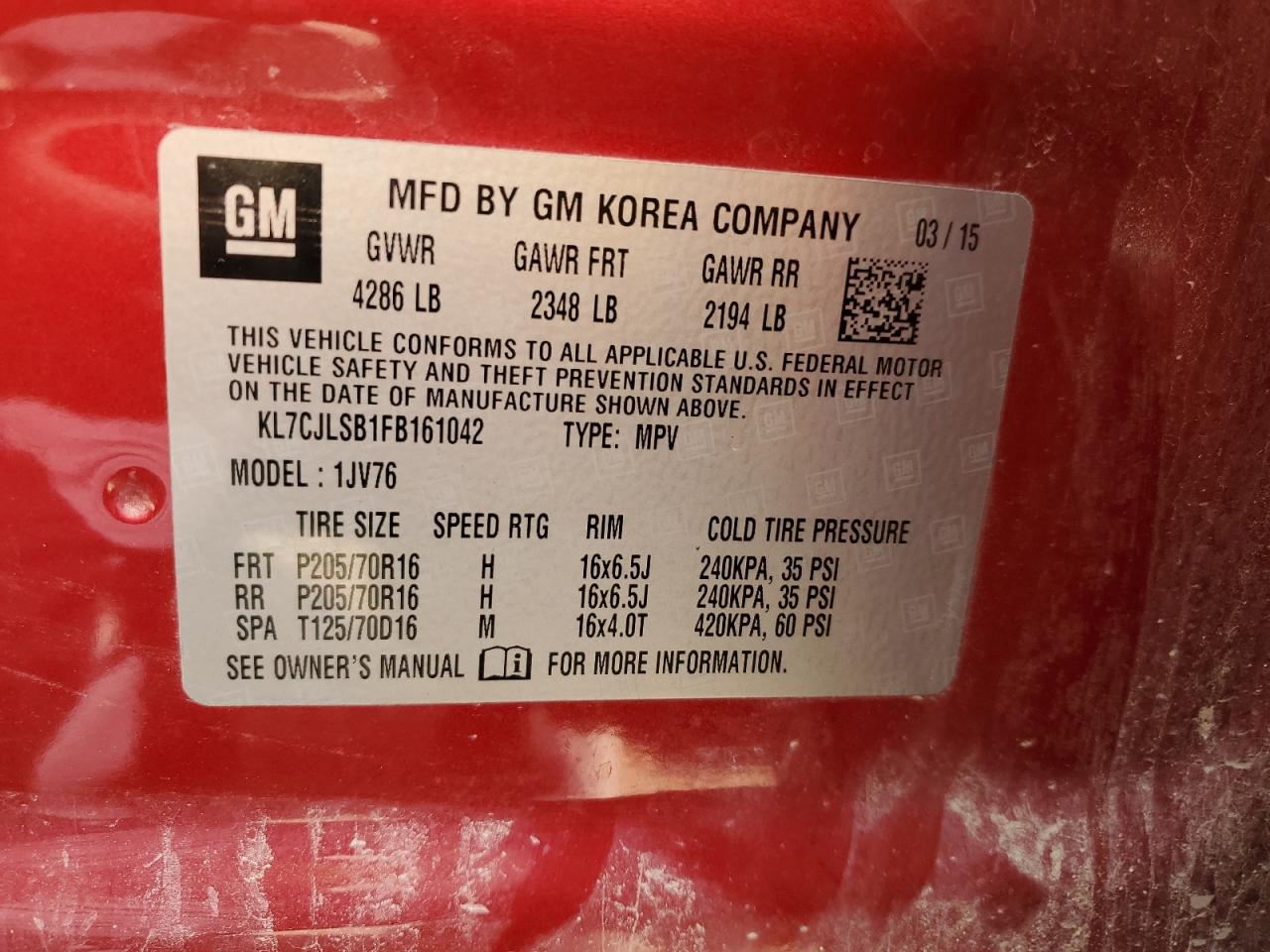 2015 Chevrolet Trax 1Lt VIN: KL7CJLSB1FB161042 Lot: 61925404