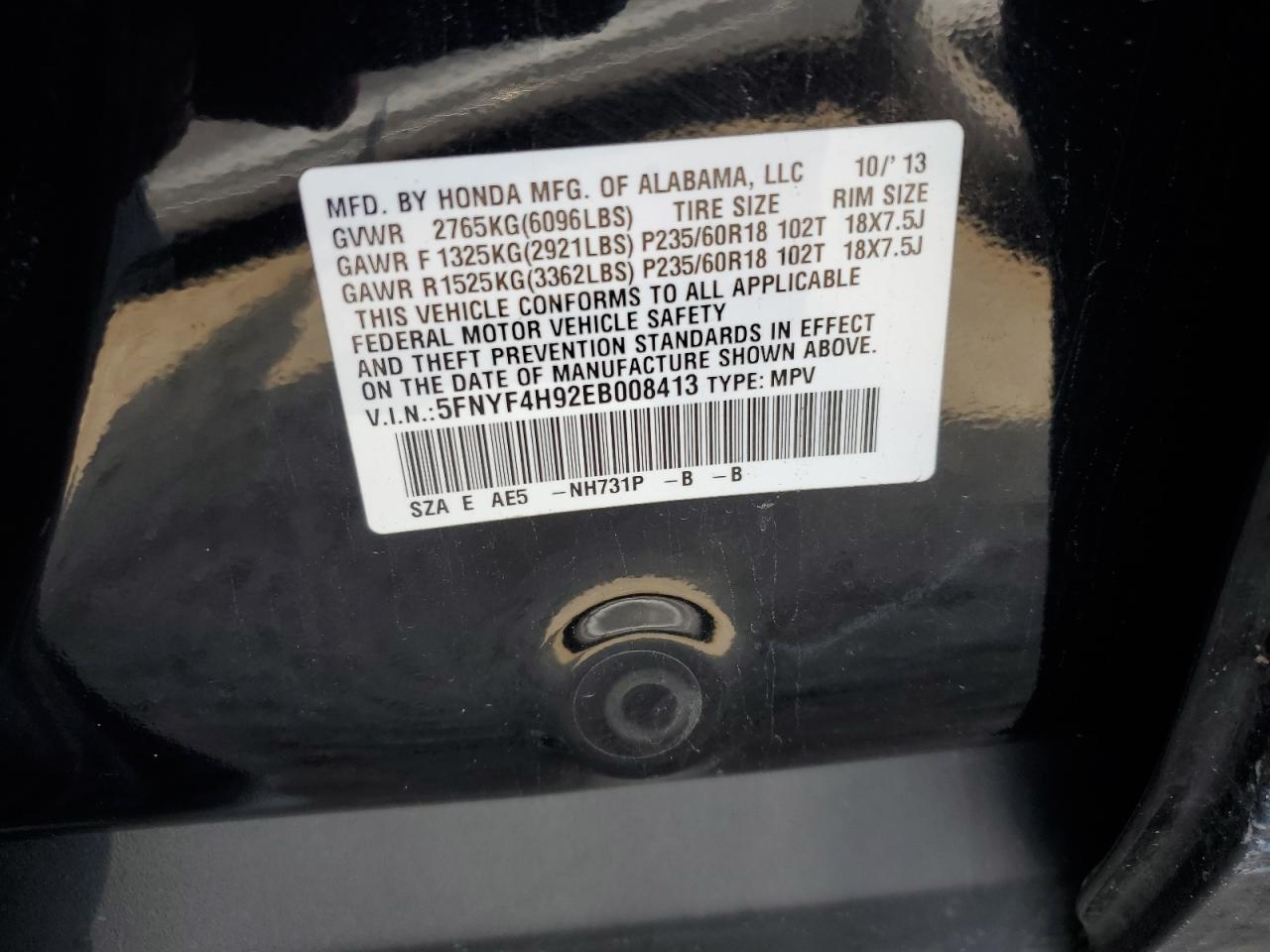 2014 Honda Pilot Touring VIN: 5FNYF4H92EB008413 Lot: 62141114