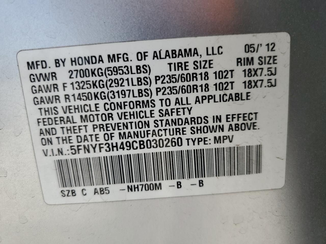 2012 Honda Pilot Ex VIN: 5FNYF3H49CB030260 Lot: 65456134