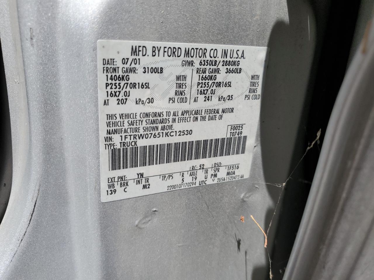 2001 Ford F150 Supercrew VIN: 1FTRW07651KC12530 Lot: 65456484