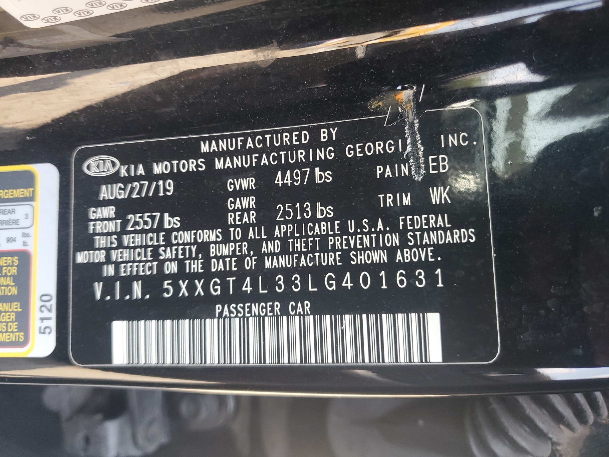 5XXGT4L33LG401631 2020 Kia Optima Lx
