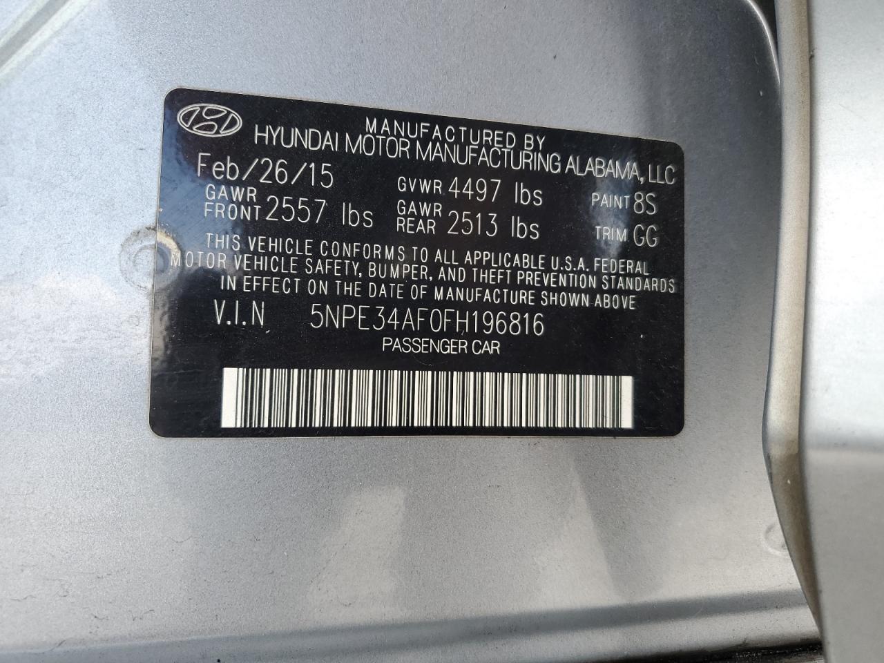 2015 Hyundai Sonata Sport VIN: 5NPE34AF0FH196816 Lot: 65071974