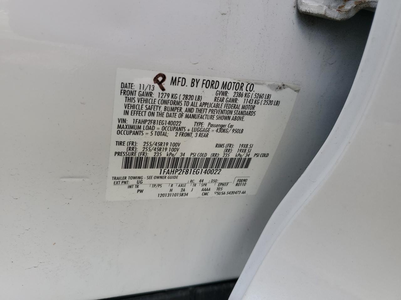 2014 Ford Taurus Limited VIN: 1FAHP2F81EG140022 Lot: 65066764