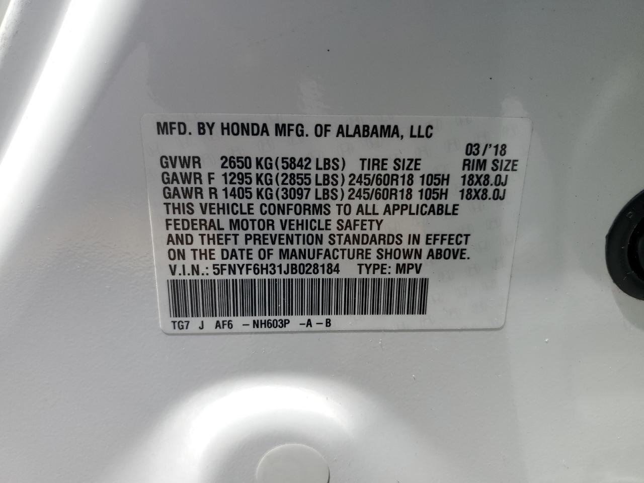 2018 Honda Pilot Ex VIN: 5FNYF6H31JB028184 Lot: 61664574