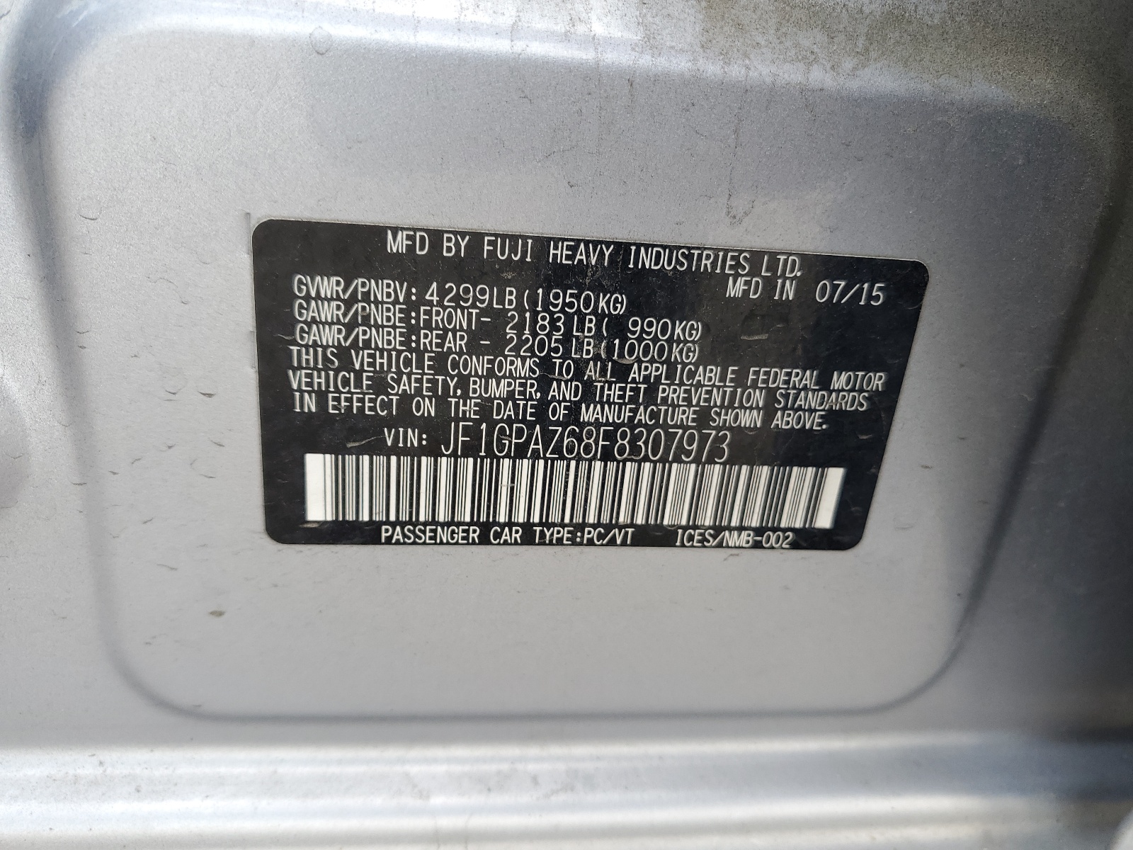 JF1GPAZ68F8307973 2015 Subaru Impreza Sport Limited