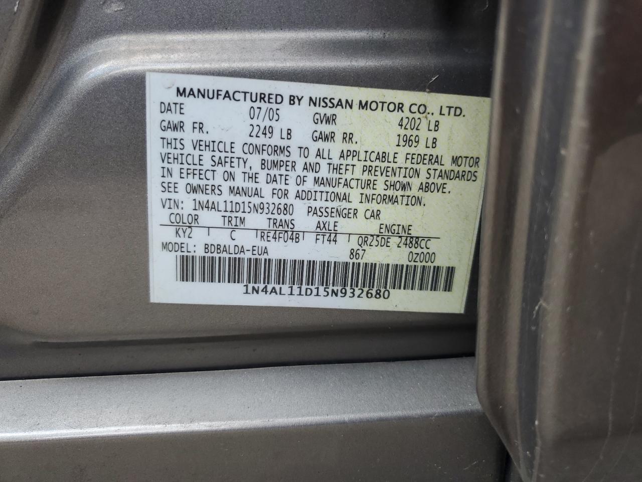 2005 Nissan Altima S VIN: 1N4AL11D15N932680 Lot: 64068024