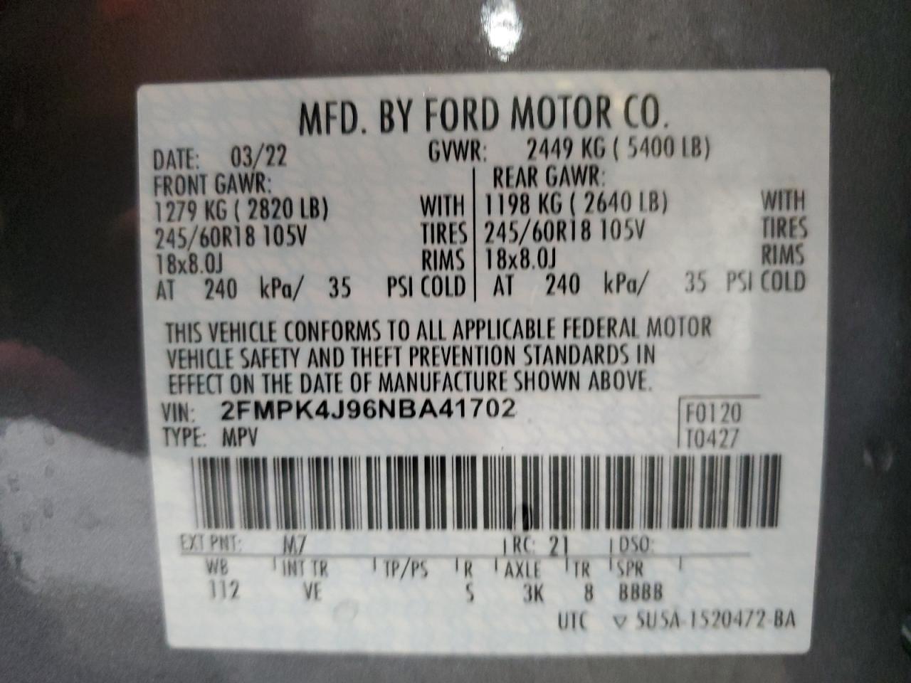 2022 Ford Edge Sel VIN: 2FMPK4J96NBA41702 Lot: 65360654