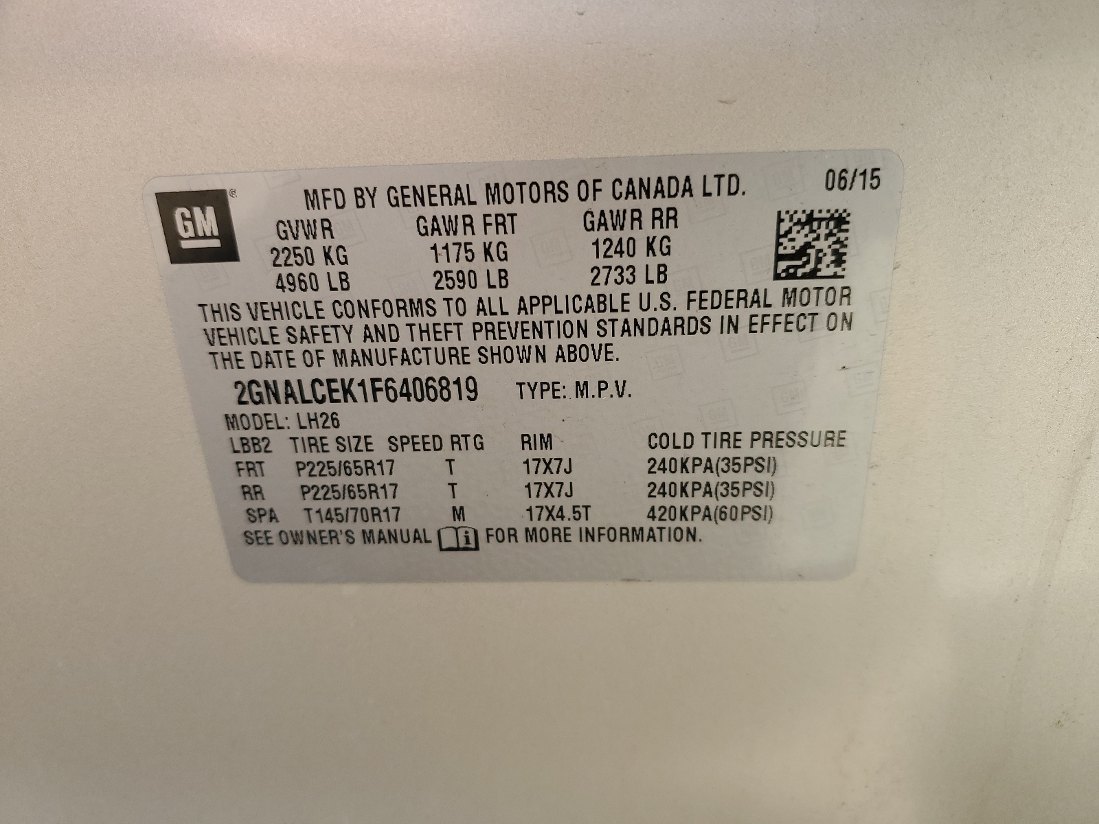 2GNALCEK1F6406819 2015 Chevrolet Equinox Lt