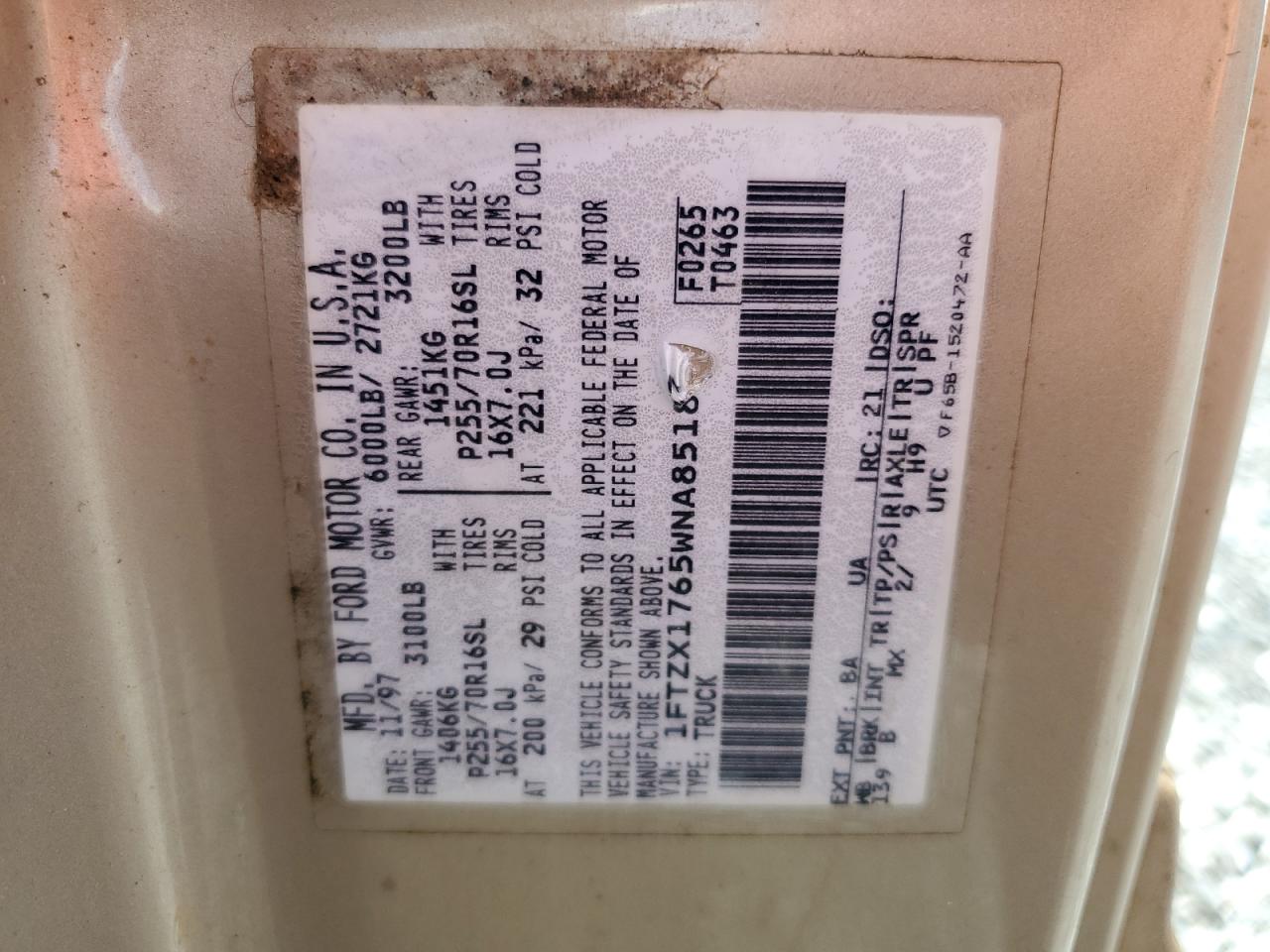 1998 Ford F150 VIN: 1FTZX1765WNA85187 Lot: 61486444