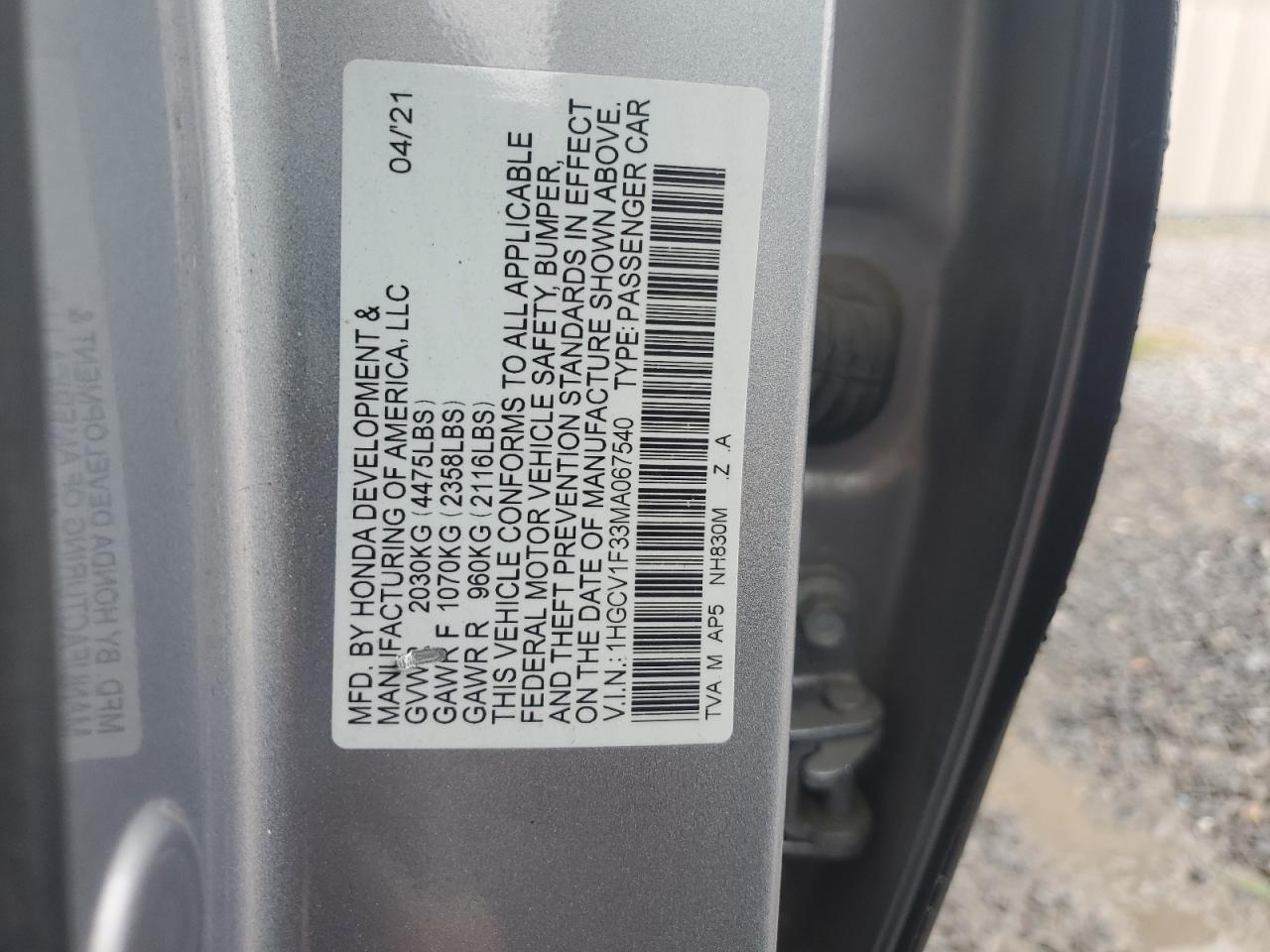 2021 Honda Accord Sport VIN: 1HGCV1F33MA067540 Lot: 64864574