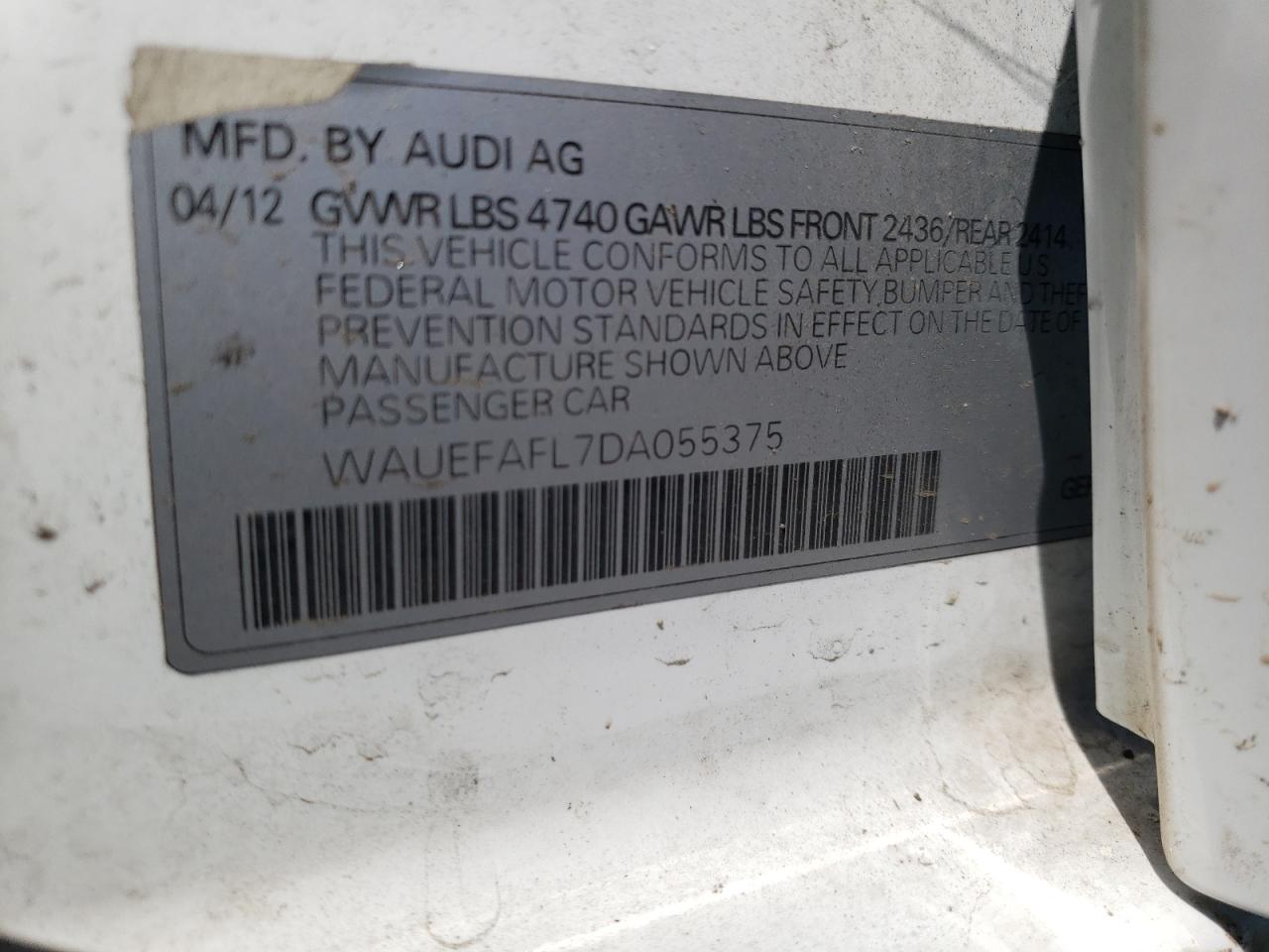 2013 Audi A4 Premium Plus VIN: WAUEFAFL7DA055375 Lot: 62763834