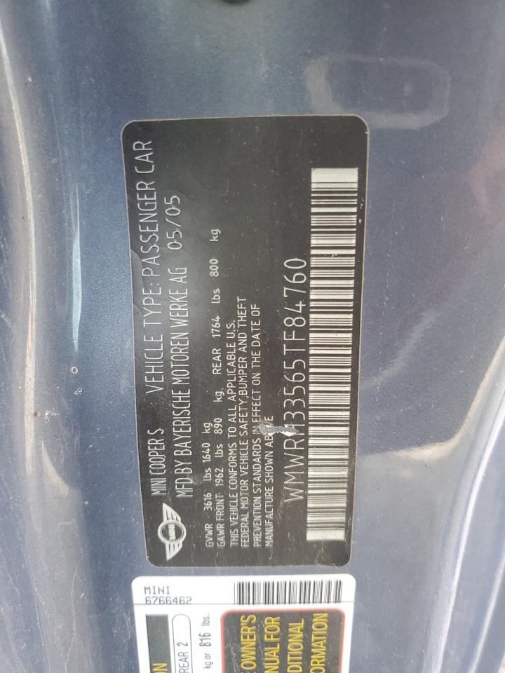 2005 Mini Cooper S VIN: WMWRH33565TF84760 Lot: 61859274