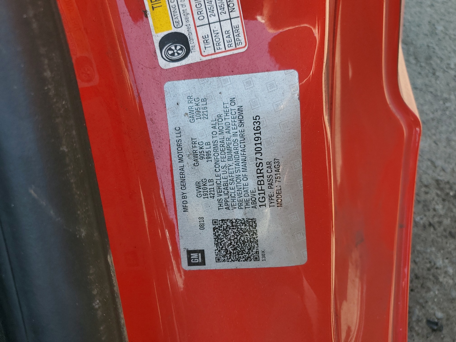 1G1FB1RS7J0191635 2018 Chevrolet Camaro Lt