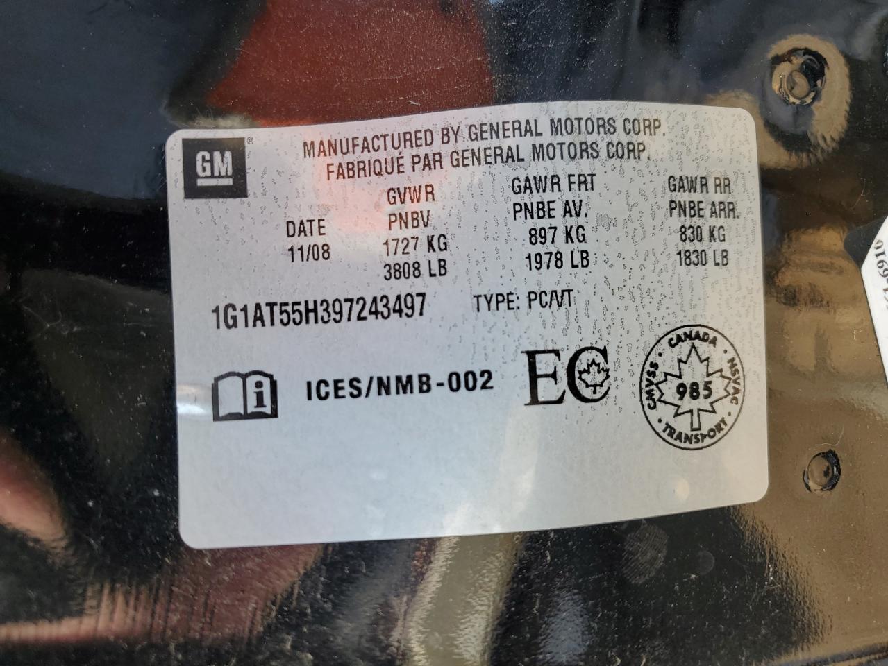 2009 Chevrolet Cobalt Lt VIN: 1G1AT55H397243497 Lot: 63035414