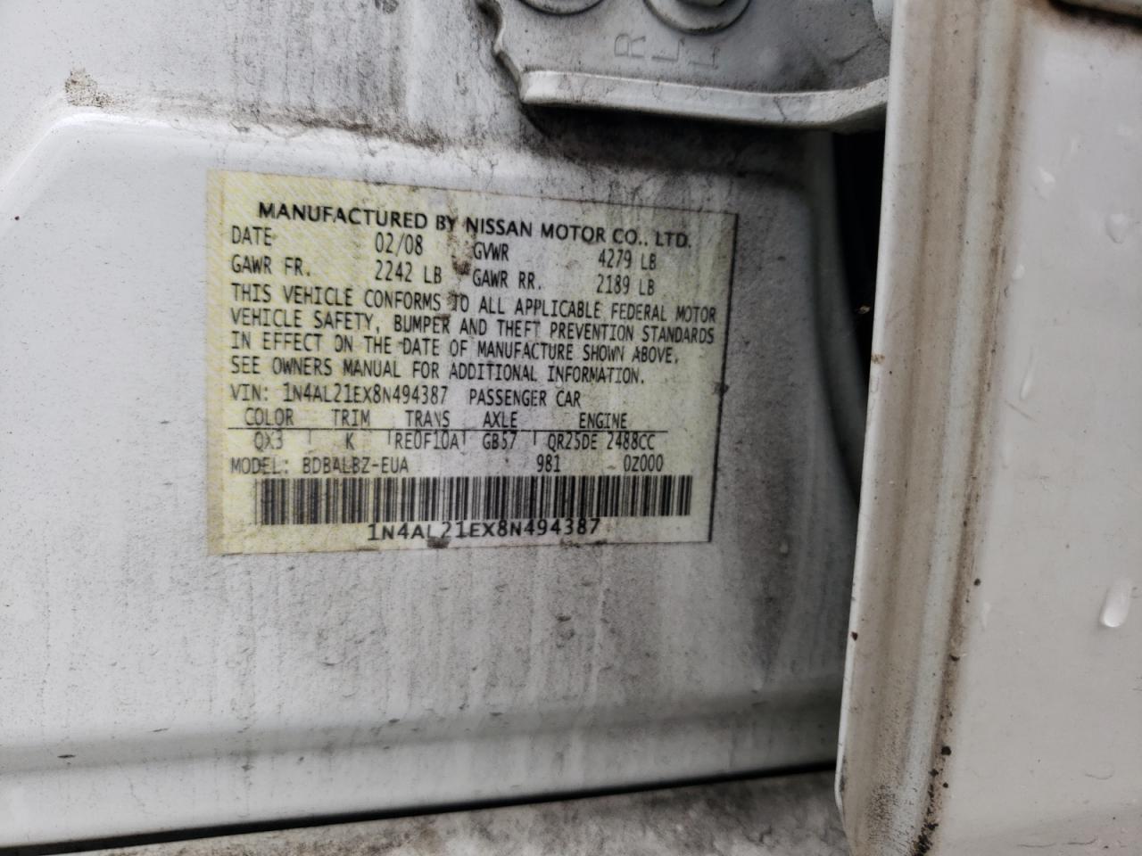 2008 Nissan Altima 2.5 VIN: 1N4AL21EX8N494387 Lot: 67947315