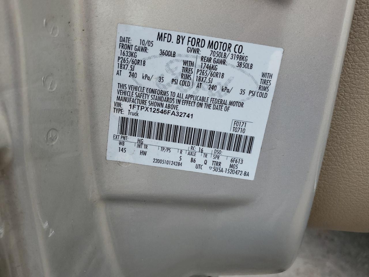 2006 Ford F150 VIN: 1FTPX12546FA32741 Lot: 65591024