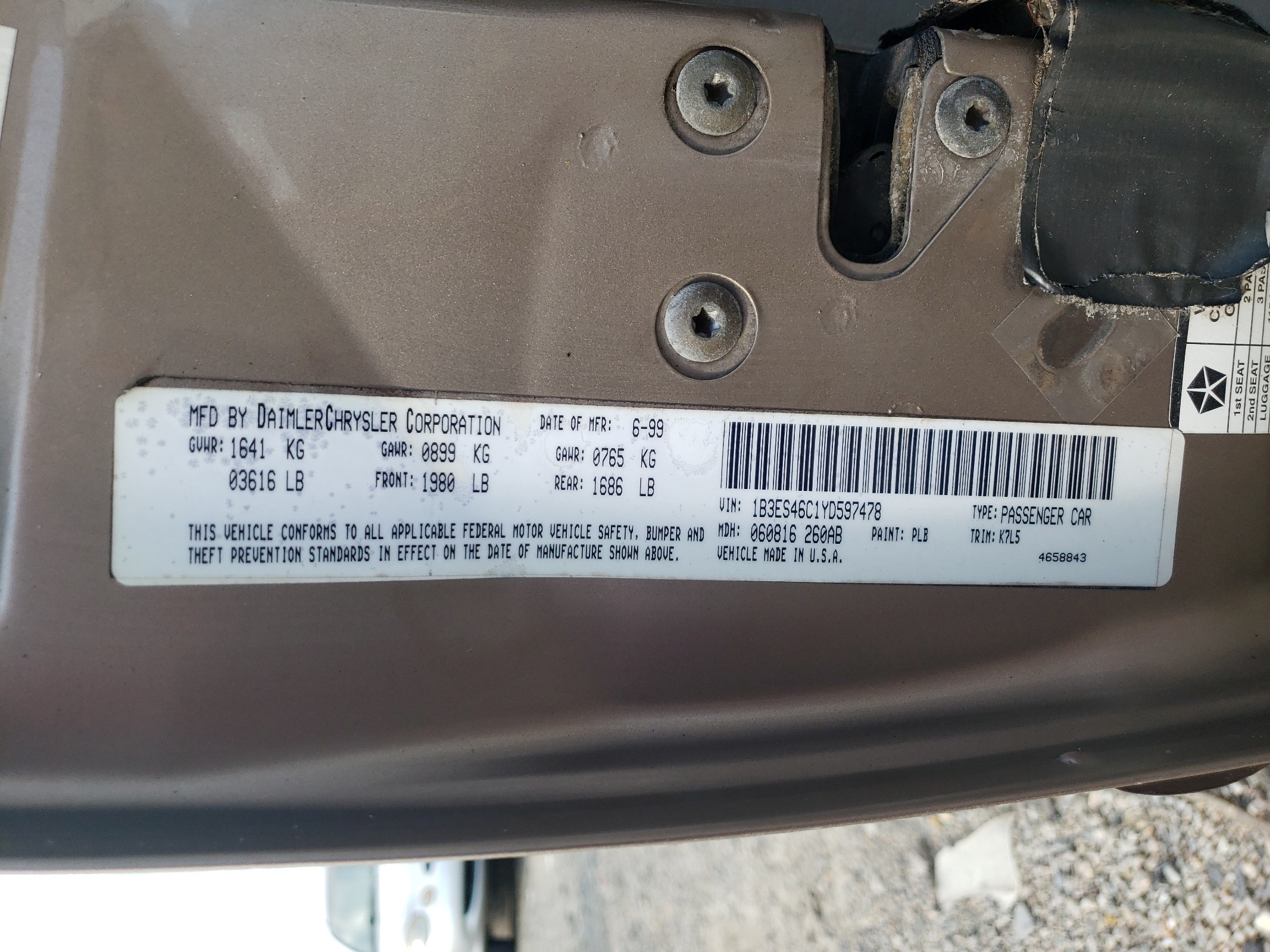 1B3ES46C1YD597478 2000 Dodge Neon Base