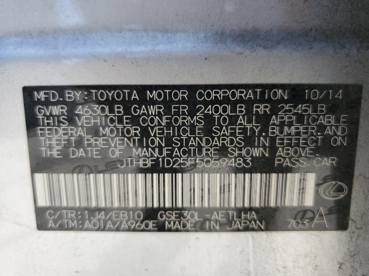 2015 Lexus Is 250 VIN: JTHBF1D25F5059483 Lot: 61335024