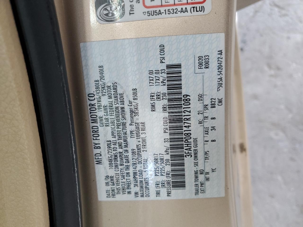 2007 Ford Fusion Sel VIN: 3FAHP08147R121089 Lot: 64059264