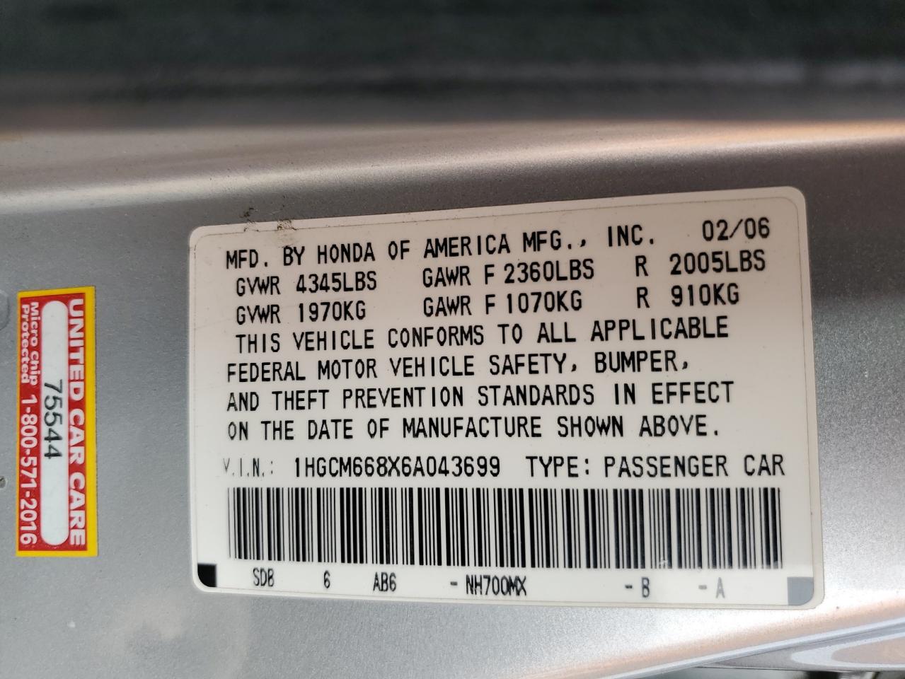 1HGCM668X6A043699 2006 Honda Accord Ex