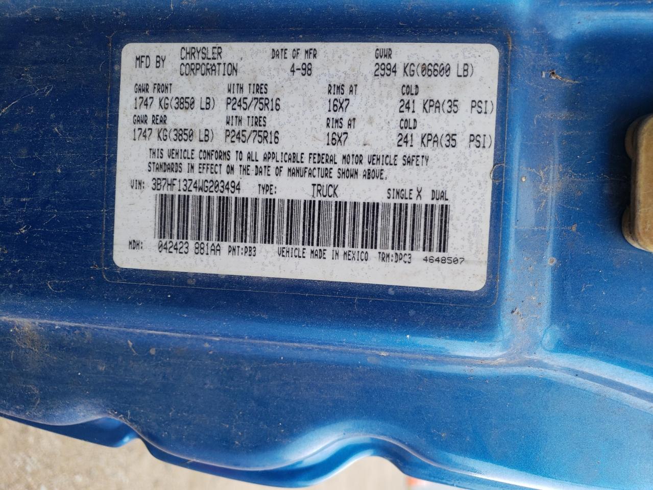 1998 Dodge Ram 1500 VIN: 3B7HF13Z4WG203494 Lot: 60211434