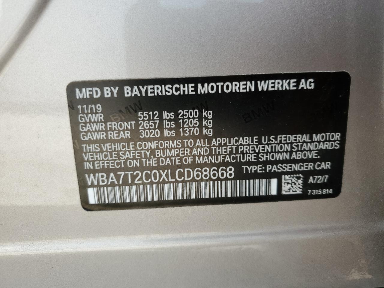 2020 BMW 740 I VIN: WBA7T2C0XLCD68668 Lot: 64379604